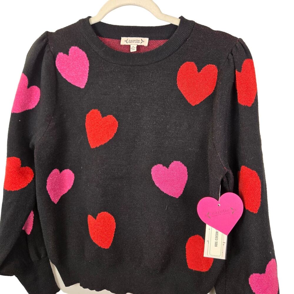 Nanette Lepore Heart Pattern Sweater M Black Multi Ribbed Rayon MSP $79 COQUETTE